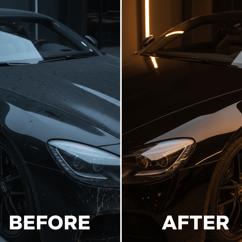 Before and after exterior detailing transformation showing paint restoration