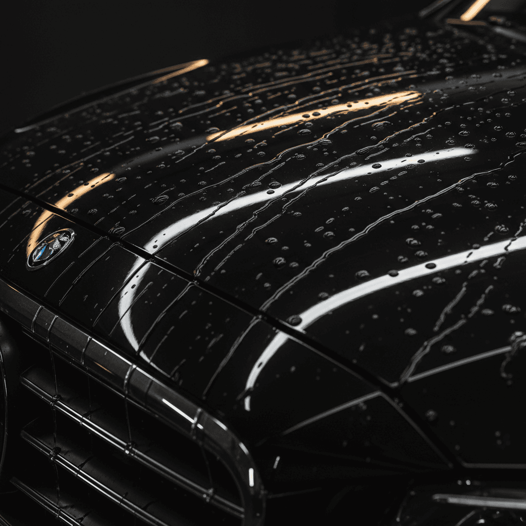 Luxury car paint detail with water beads showing flawless finish