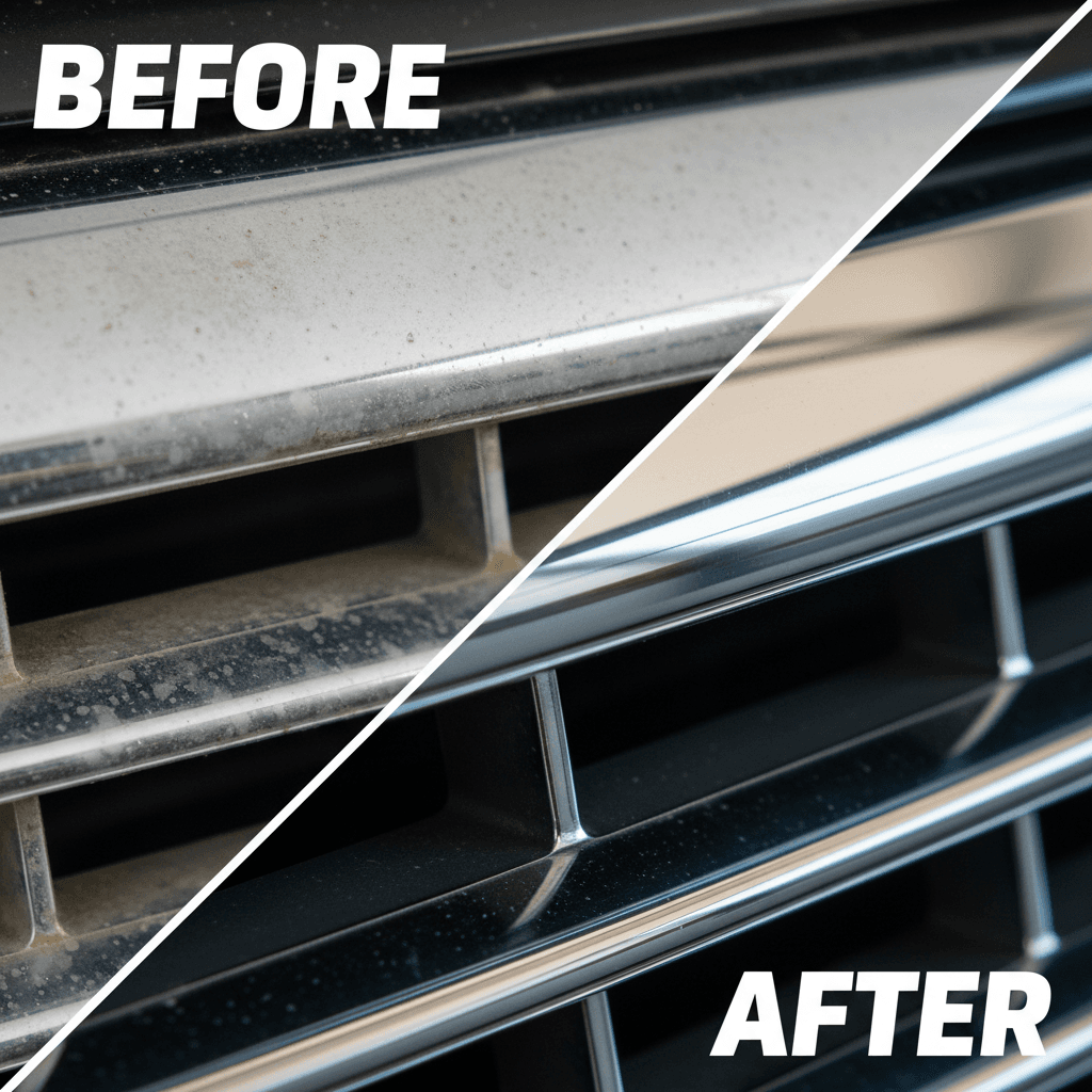 Chrome and trim detailing showing transformation from dull to mirror-bright