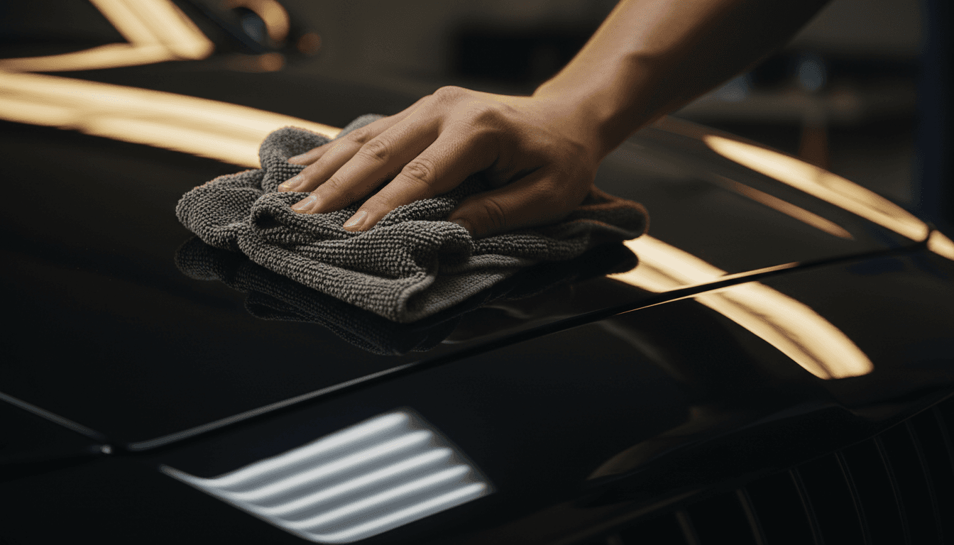 Detailer's hands buffing luxury car paint with microfiber cloth