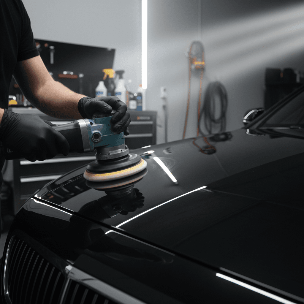 Professional microfiber buffing technique on luxury car paint