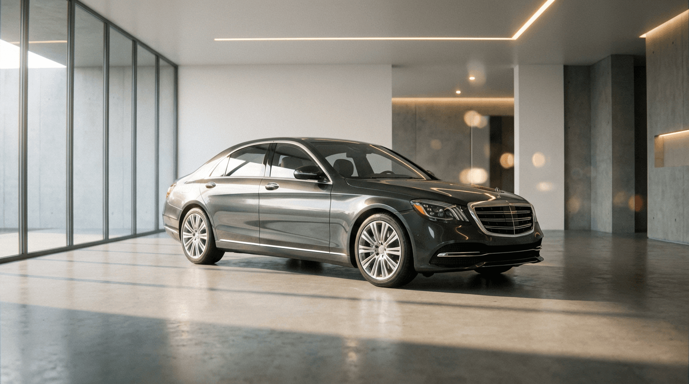 Premium sedan in modern minimalist garage with soft natural light and polished concrete floors, showcasing refined automotive quality and professional environment.