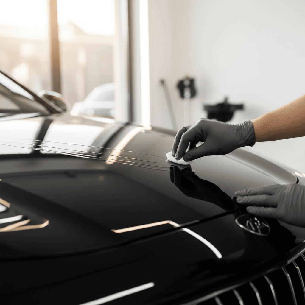 Luxury car with flawless detailing finish under professional lighting